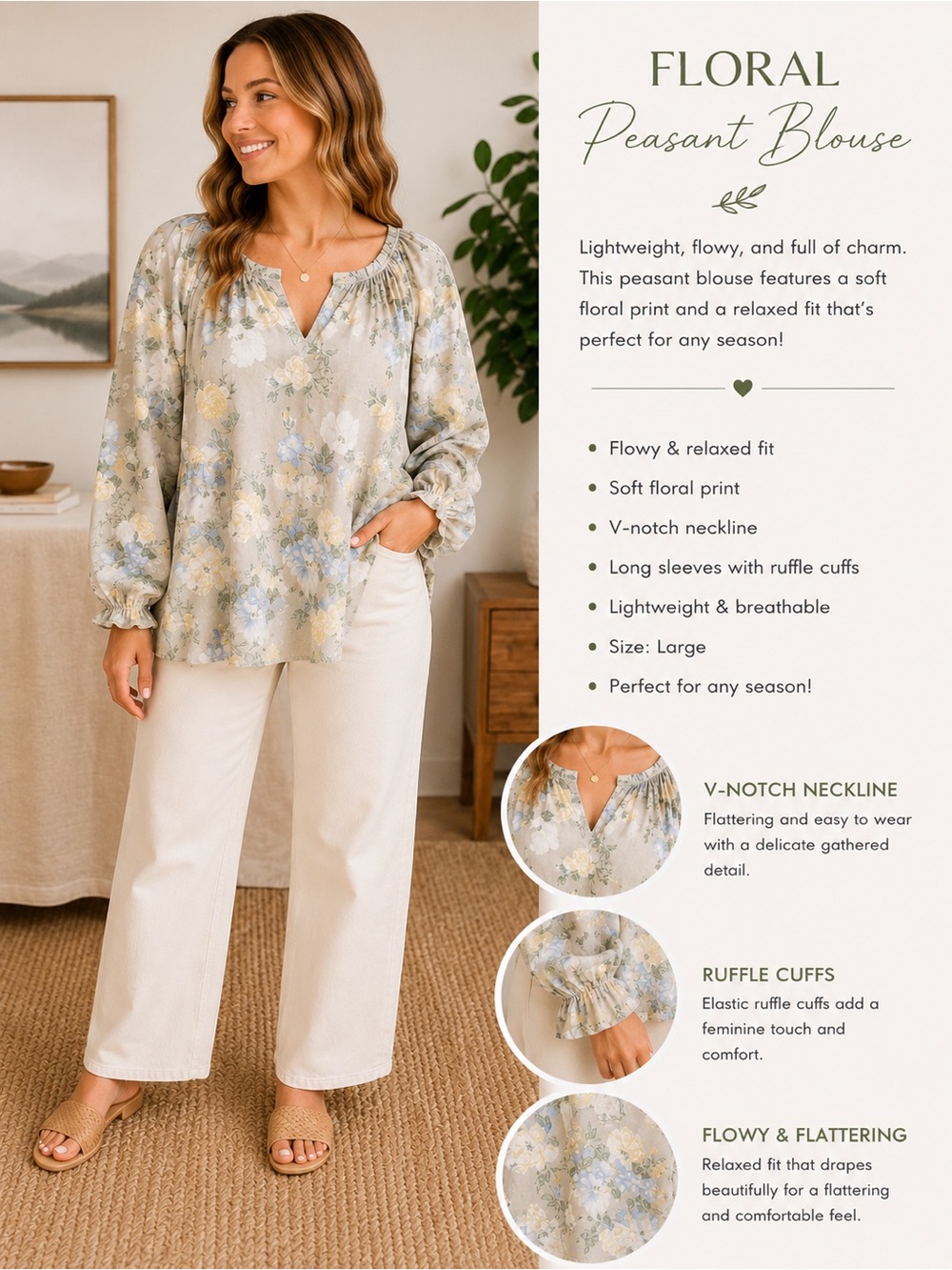 Floral Peasant Blouse in Soft green/ greige
